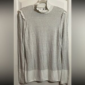 Obermeyer Gray and Cream Ruffle Sleeve Neck Mock Turtle Silk Blend Sweater